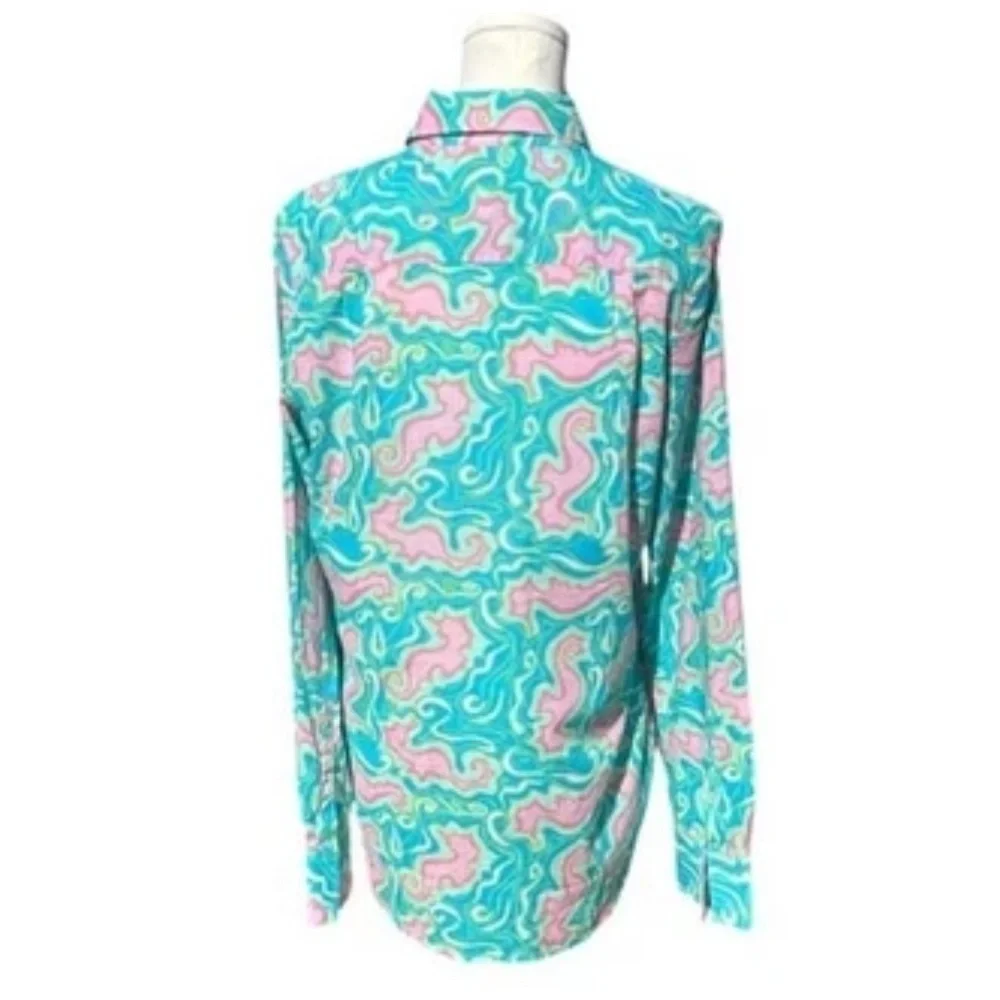 Lilly Pulitzer Resort fit button down 100% Cotton Seahorse Preppy Pink Green M